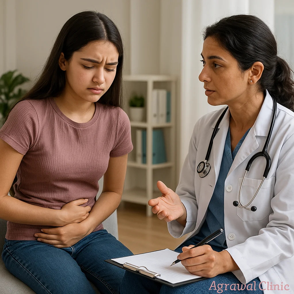 Adolescent girl with severe menstrual cramps consulting gynecologist Dr Mamta Agrawal at Agrawal Clinic