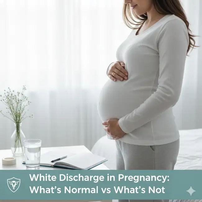 “Pregnant woman experiencing normal white discharge during pregnancy”