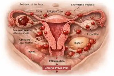 endometriosis pelvic organs showing ovarian endometrioma and adhesions