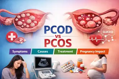 “PCOD vs PCOS comparison showing ovarian cysts, symptoms, causes, treatment options, and pregnancy impact.”
