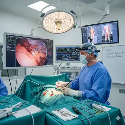 Laparoscopic gynecological surgery being performed using minimally invasive technique in operating room