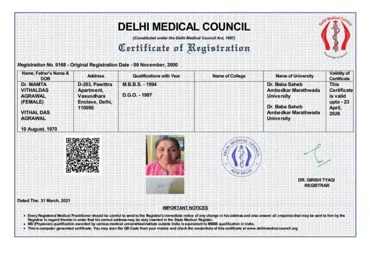 Delhi Medical Council registration certificate Dr Mamta Agrawal