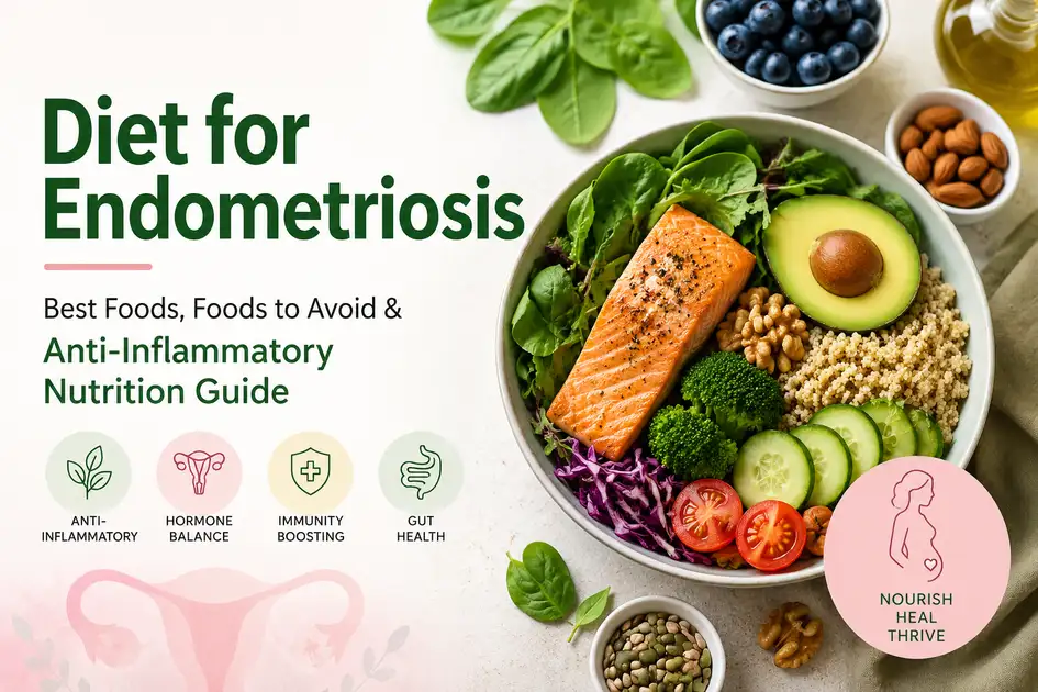 Healthy diet for endometriosis showing anti-inflammatory foods including salmon, avocado, leafy greens, nuts and vegetables to help manage endometriosis symptoms